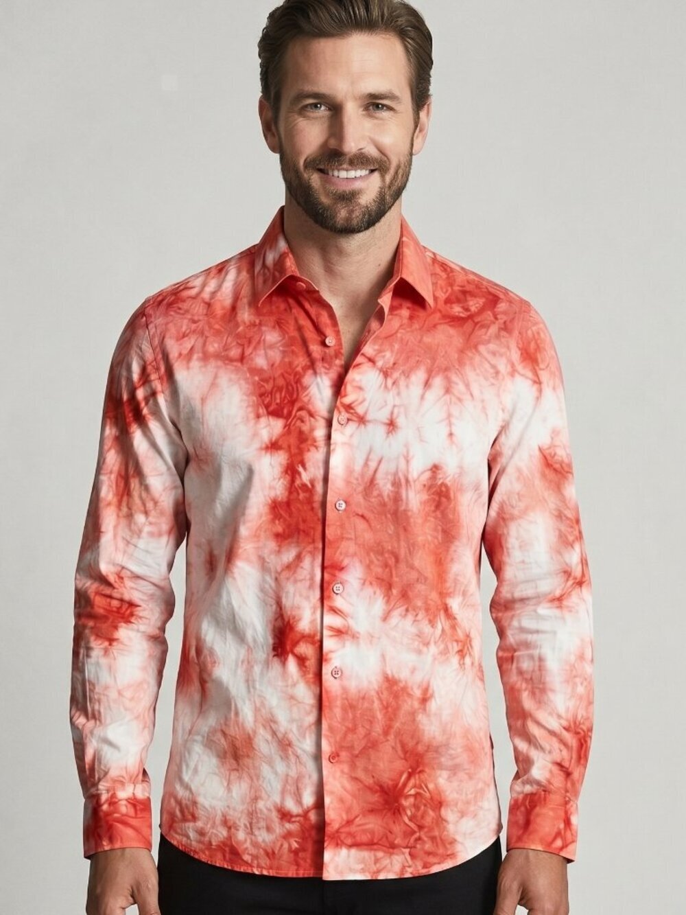 Reiss Shirt Pink Red Tie Dye Button up Size Large Long Sleeve Cotton Slim Fit